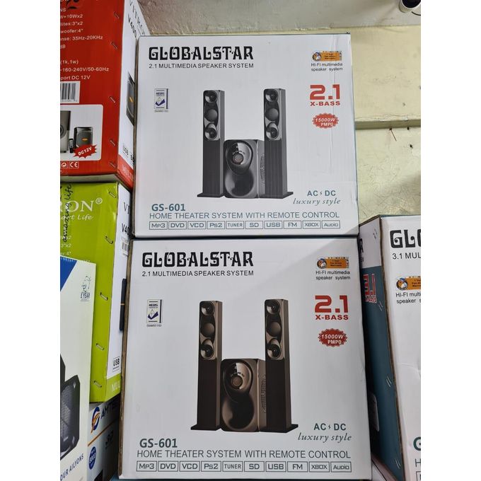 Globalstar GS-601 2.1CH Mini Home Theater  MULTIMEDIA WOOFER SYSTEM WITH 2 TALL Boys SPEAKERS SUBWOOFER with AC DC USB/FM/BLUETOOTH 15,000W PMPO