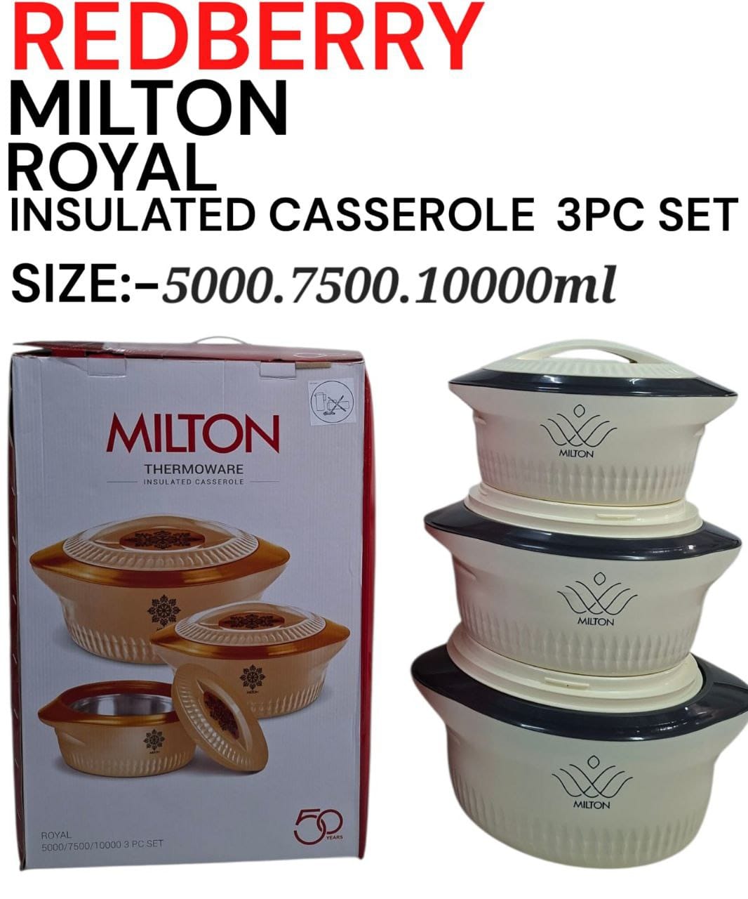 3pcs Redberry Milton Royal Premier Range Plastic Designer Insulated Hotpots Serving Dish Big Casserole Set Hot Pot Serveware Set Serve or Keep Food Hot or Cold Size 5000/7500/10000ml