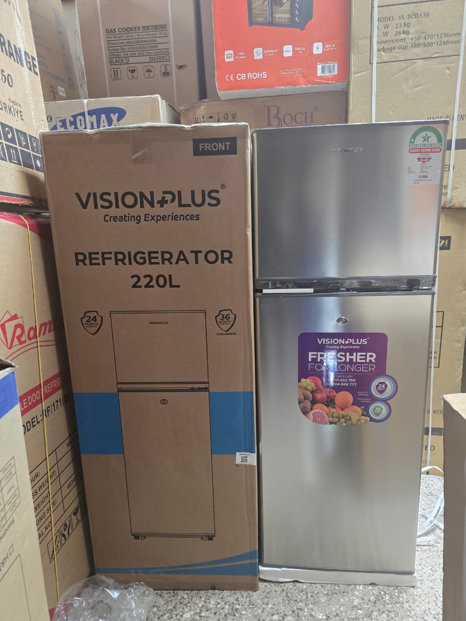 VISION PLUS 220L Double Door Fridge VPFD220DD-I Direct Cool Silver Quick Freeze Large Freezer Capacity Glass Shelves Lockable Refrigerator