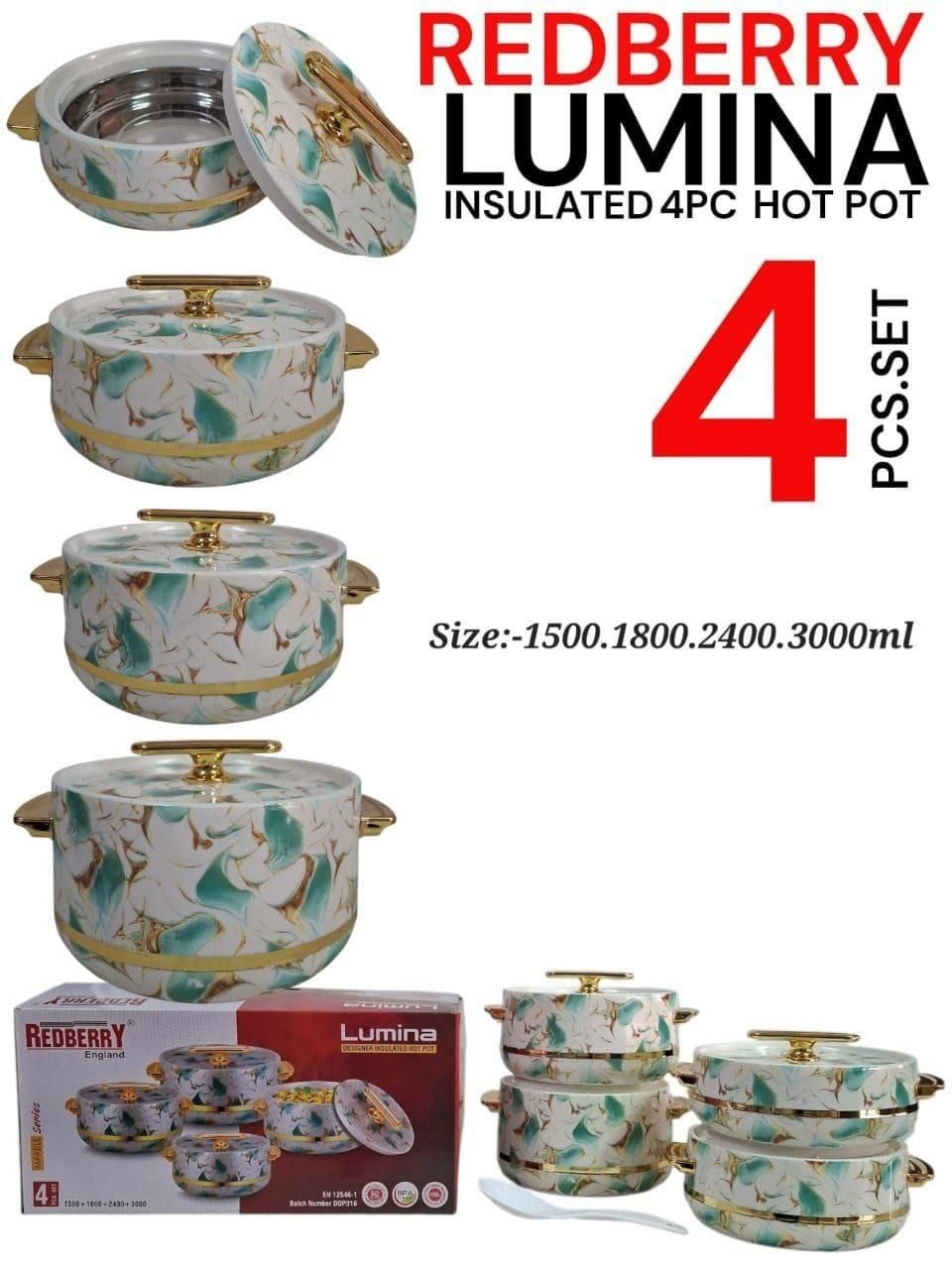 Redberry 4pcs Lumina Plastic Designer Insulated Hotpots Serving Dish Casserole Set Hot Pot Serveware Set Serve or Keep Food Hot or Cold Size 1500, 1800, 2400 and 3000ml