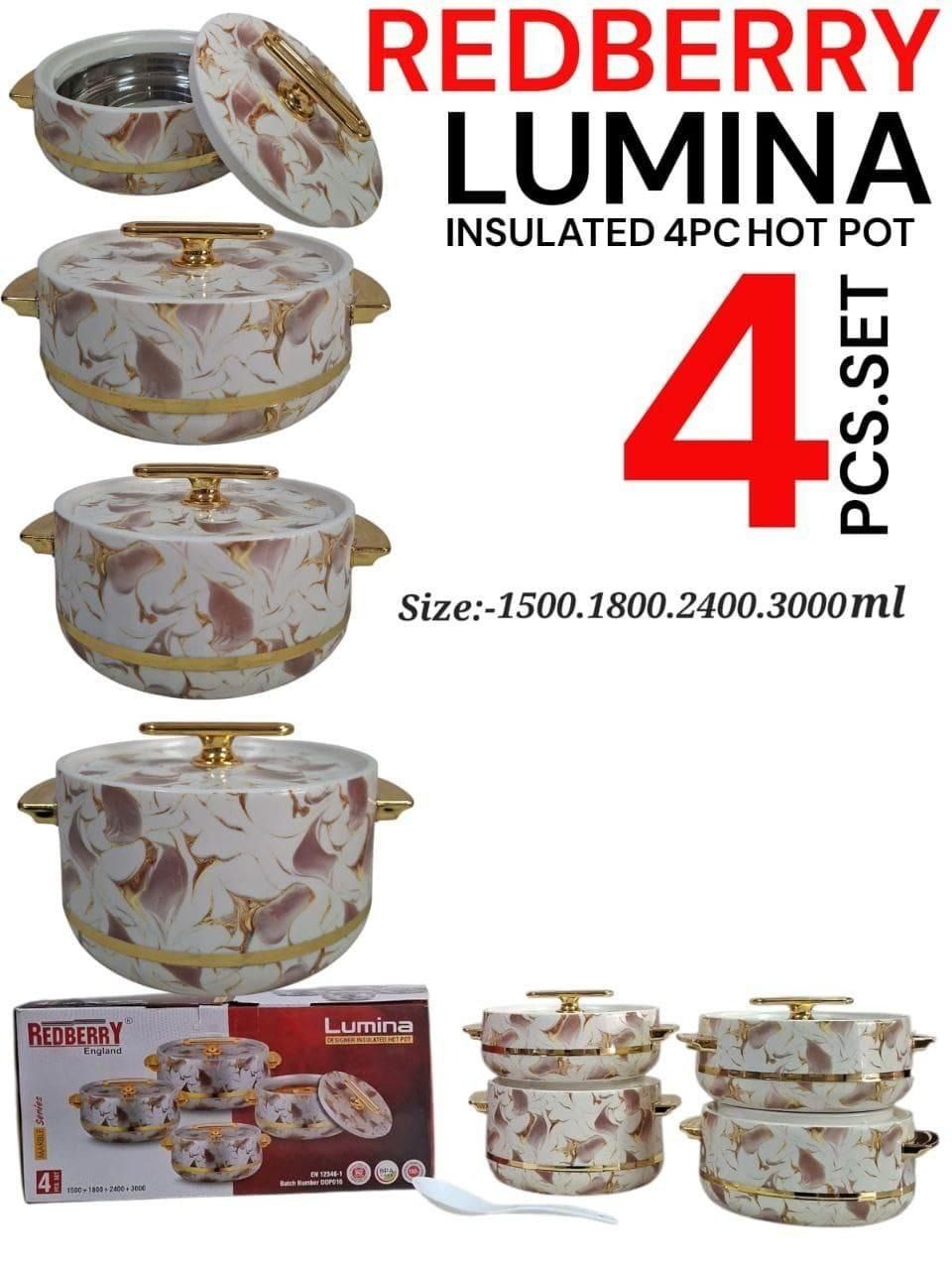 Redberry 4pcs Lumina Plastic Designer Insulated Hotpots Serving Dish Casserole Set Hot Pot Serveware Set Serve or Keep Food Hot or Cold Size 1500, 1800, 2400 and 3000ml