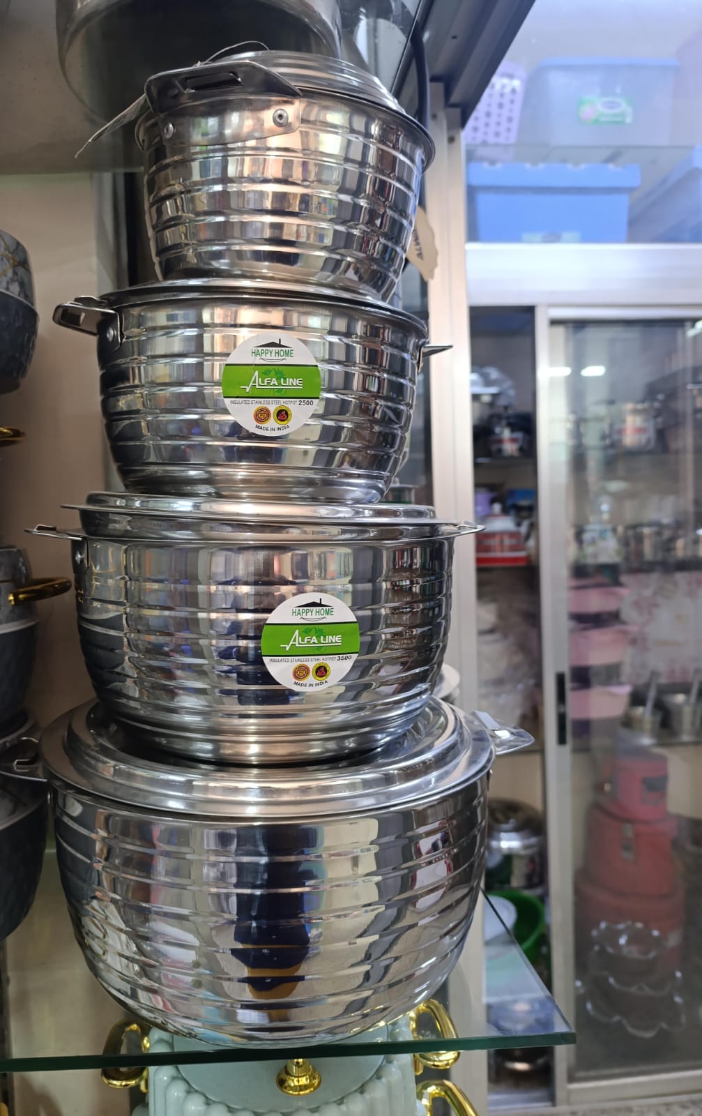 Happy Home 4pcs Alfa Line Stainless Steel Hotpots Serving Dish Casserole Set Hot Pot Serveware Set Serve or Keep Food Hot or Cold Size 1500, 2500, 3500 and 5000ml