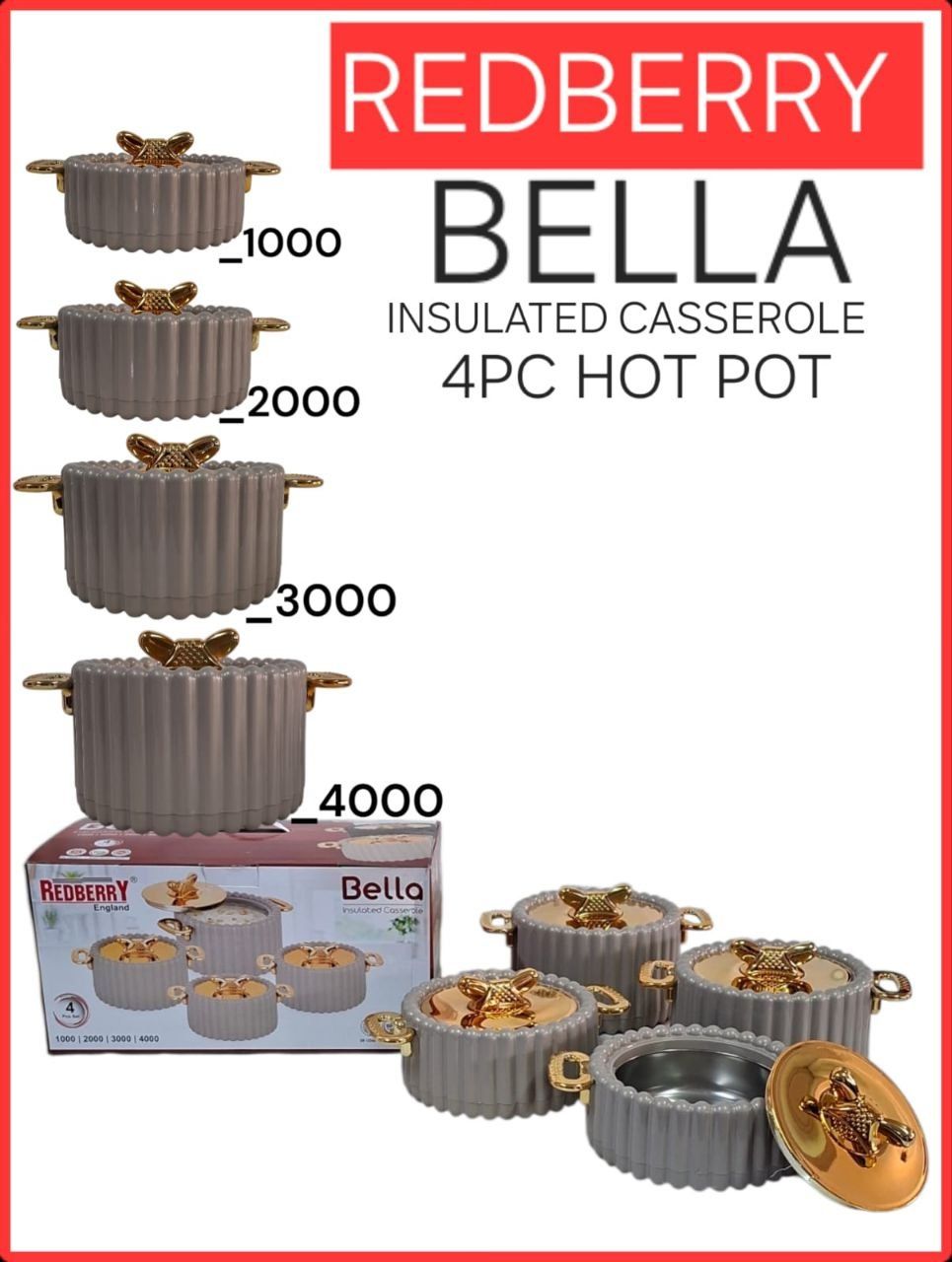Redberry 4pcs Bella Plastic Designer Insulated Hotpots Serving Dish Casserole Set Hot Pot Serveware Set Serve or Keep Food Hot or Cold Size 1000, 2000, 3000 and 4000ml