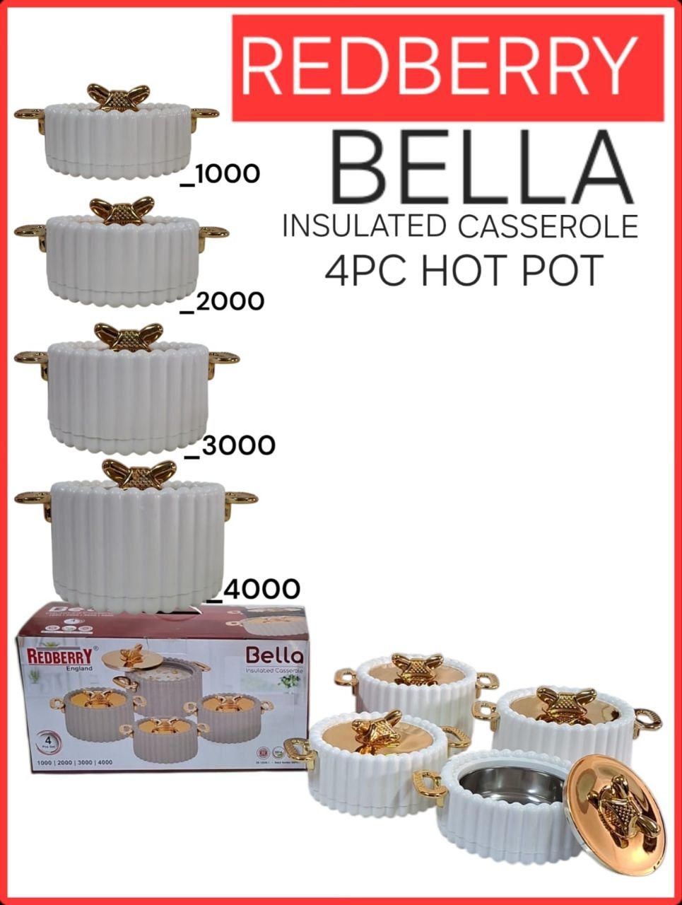 Redberry 4pcs Bella Plastic Designer Insulated Hotpots Serving Dish Casserole Set Hot Pot Serveware Set Serve or Keep Food Hot or Cold Size 1000, 2000, 3000 and 4000ml