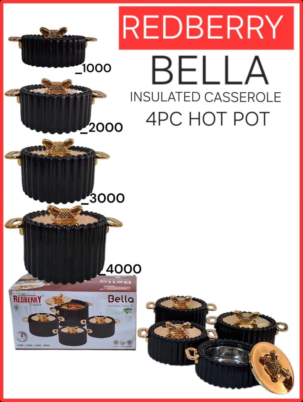Redberry 4pcs Bella Plastic Designer Insulated Hotpots Serving Dish Casserole Set Hot Pot Serveware Set Serve or Keep Food Hot or Cold Size 1000, 2000, 3000 and 4000ml