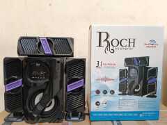 Roch 3.1ch homethearte multimedia speaker system. his speaker system combines modern aesthetics with intuitive sound controls, allowing you to customize your listening experience easily. The clear LED