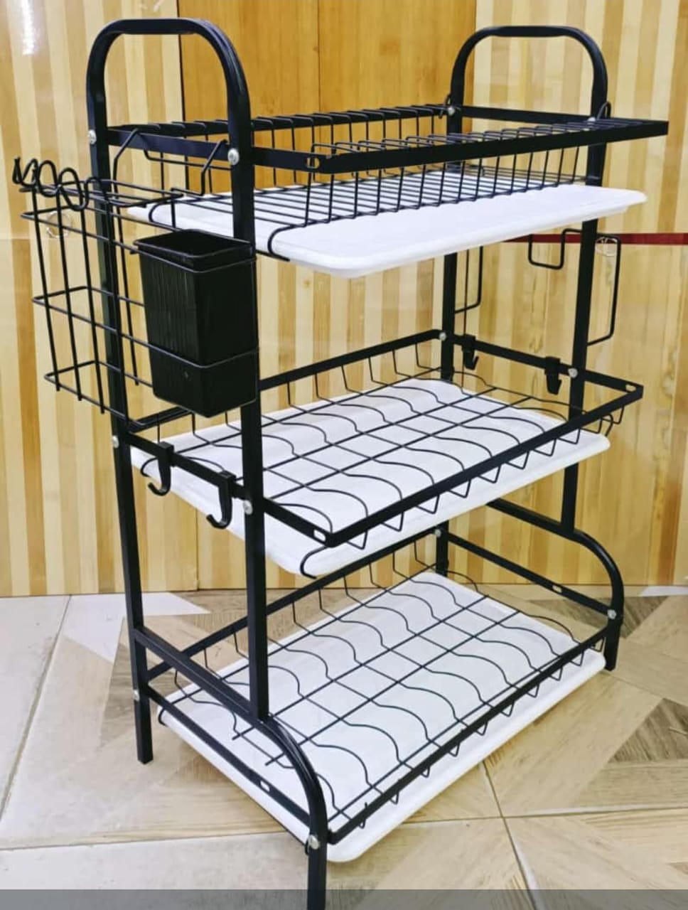 Heavy duty executive 3 tier  dish rack. 3 Tier high quality carbon steel dish rack with cutlery holder. The material used is Carbon steel metal . It has 3 white water draining trays.