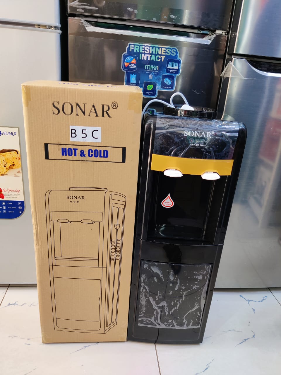 Hot and cold water free standing dispenser.This machine is easy operate, high humanized, low standby power, energy saving. Break with tradition of water heating,only one time heating .