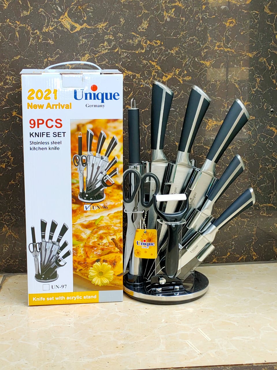 Unique knife set. Stainless Steel Kitchen Cutlery Knife Set with Rotating Block Stand. This knife set includes chopping knife, chef knife, slicer etc. The stainless steel kitchen knives are resistant.