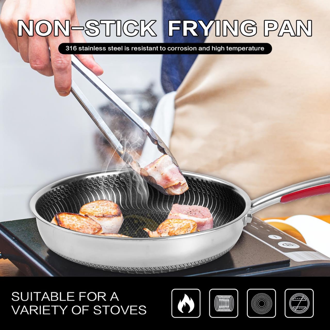 RESTOCKED 28cm Non-Stick Honeycomb Stainless Steel Frying Pan, 10 Inch Non-Stick Large Honeycomb Pan with Handle, Oven Safe, Non-Stick Coating, Induction, Cooking, Frying Pans