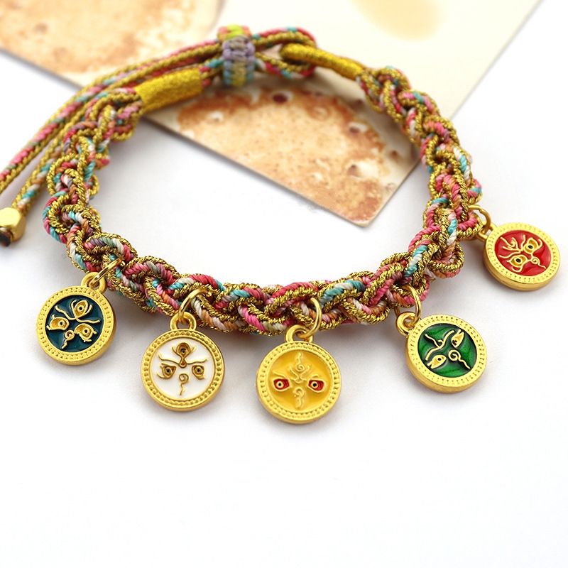 Chinese Style Lucky Wealth Bracelet, Tibetan Style Five of Wealth Eye Bracelet, Handmade Woven Adjustable Bracelet For Men and Women