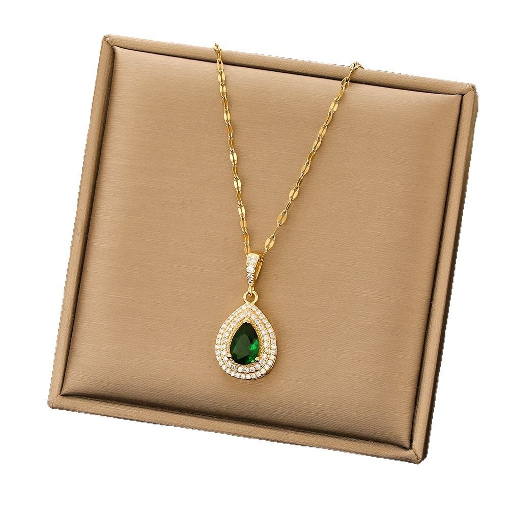 Women's Korean Style Light Full Green Gem Waterdrop Titanium Steel Necklace, Fashion Simple Versatile Jewelry