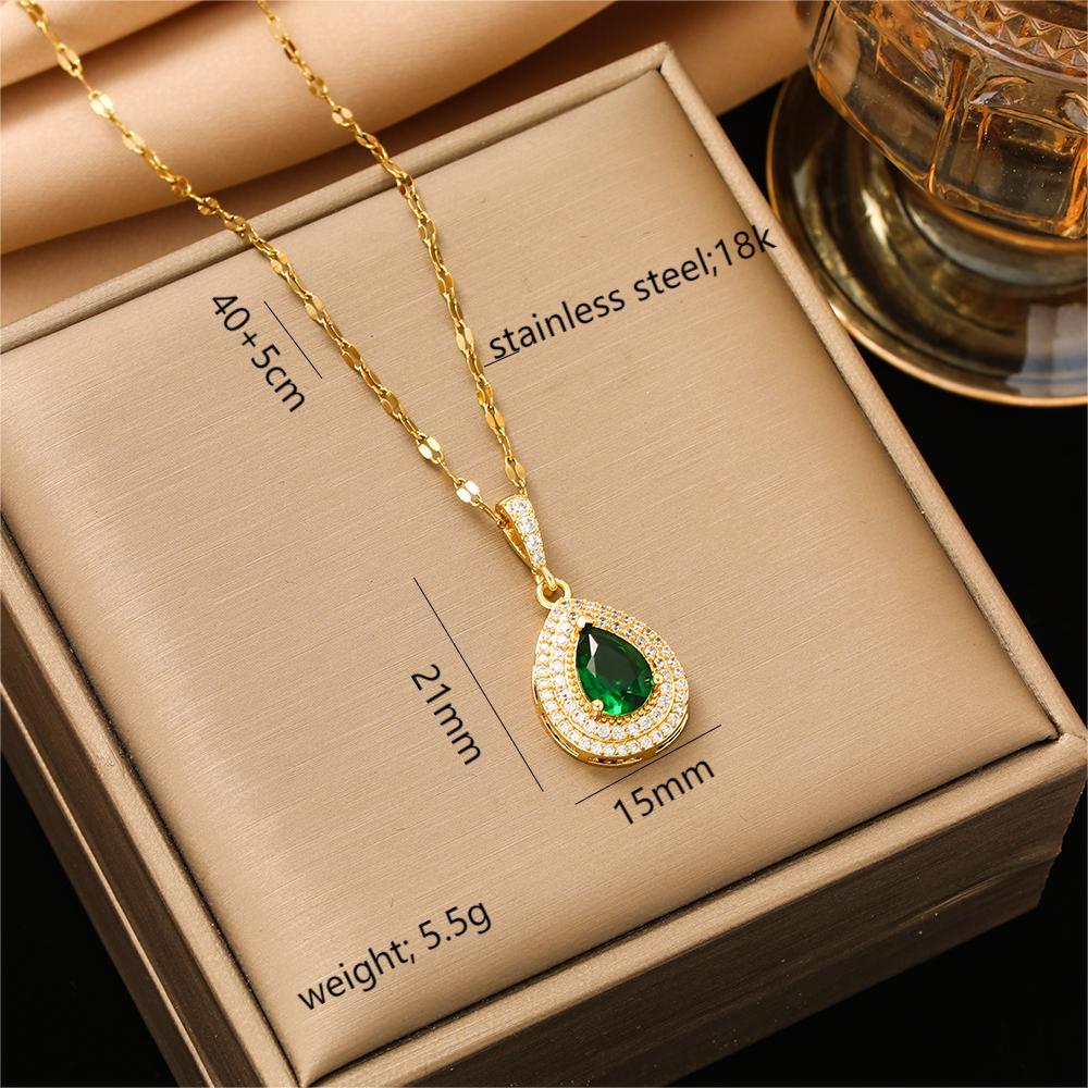 Women's Korean Style Light Full Green Gem Waterdrop Titanium Steel Necklace, Fashion Simple Versatile Jewelry