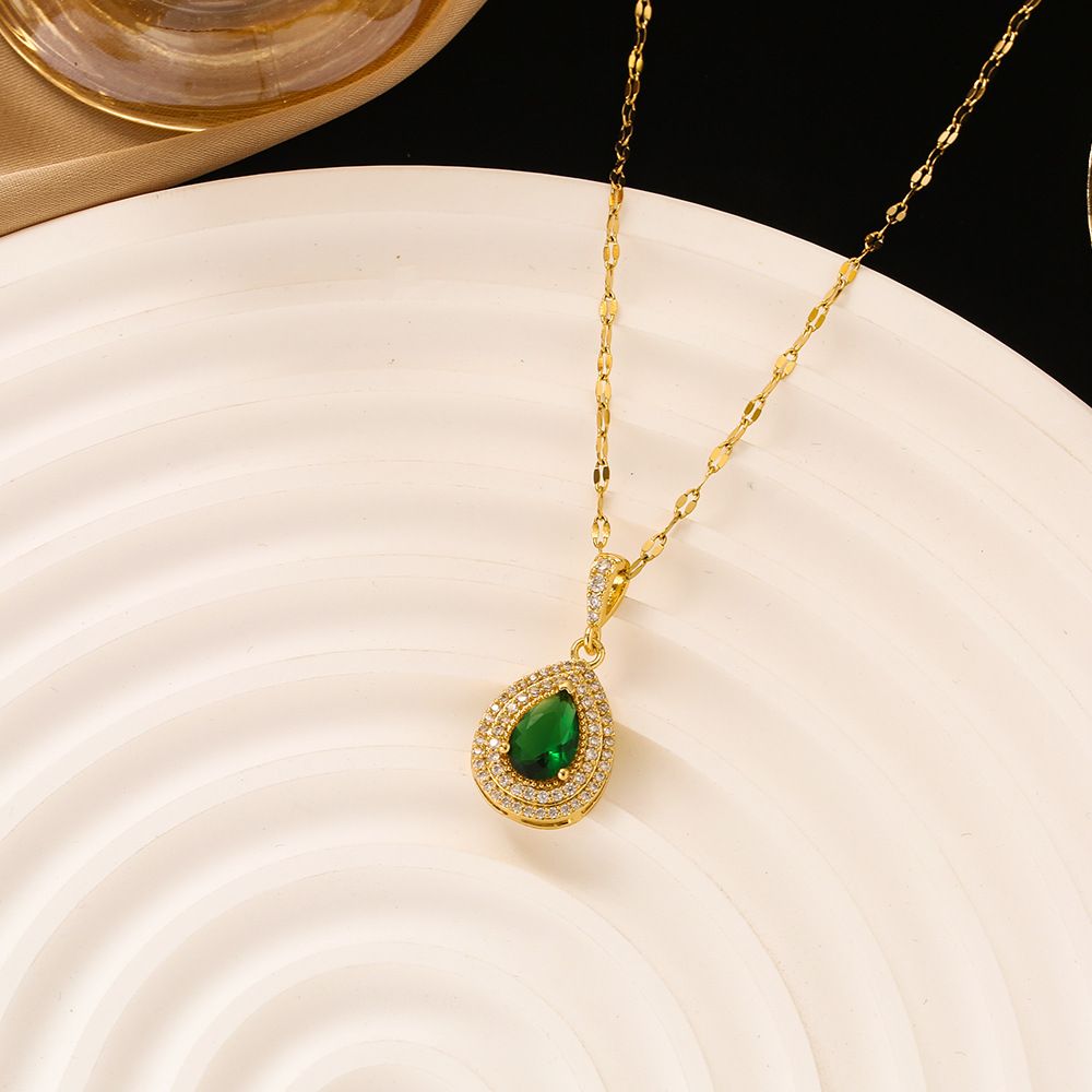 Women's Korean Style Light Full Green Gem Waterdrop Titanium Steel Necklace, Fashion Simple Versatile Jewelry