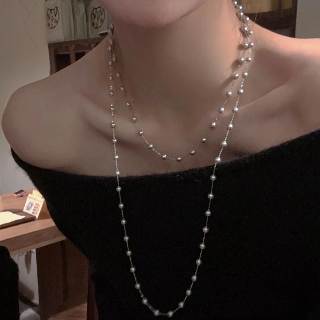 French Style Layered Pearl Necklace for Women Stackable Chain Design Elegant Jewelry Perfect for Sweater and Daily Wear
