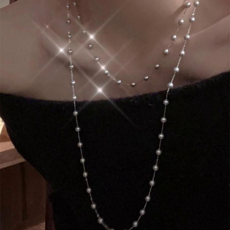 French Style Layered Pearl Necklace for Women Stackable Chain Design Elegant Jewelry Perfect for Sweater and Daily Wear