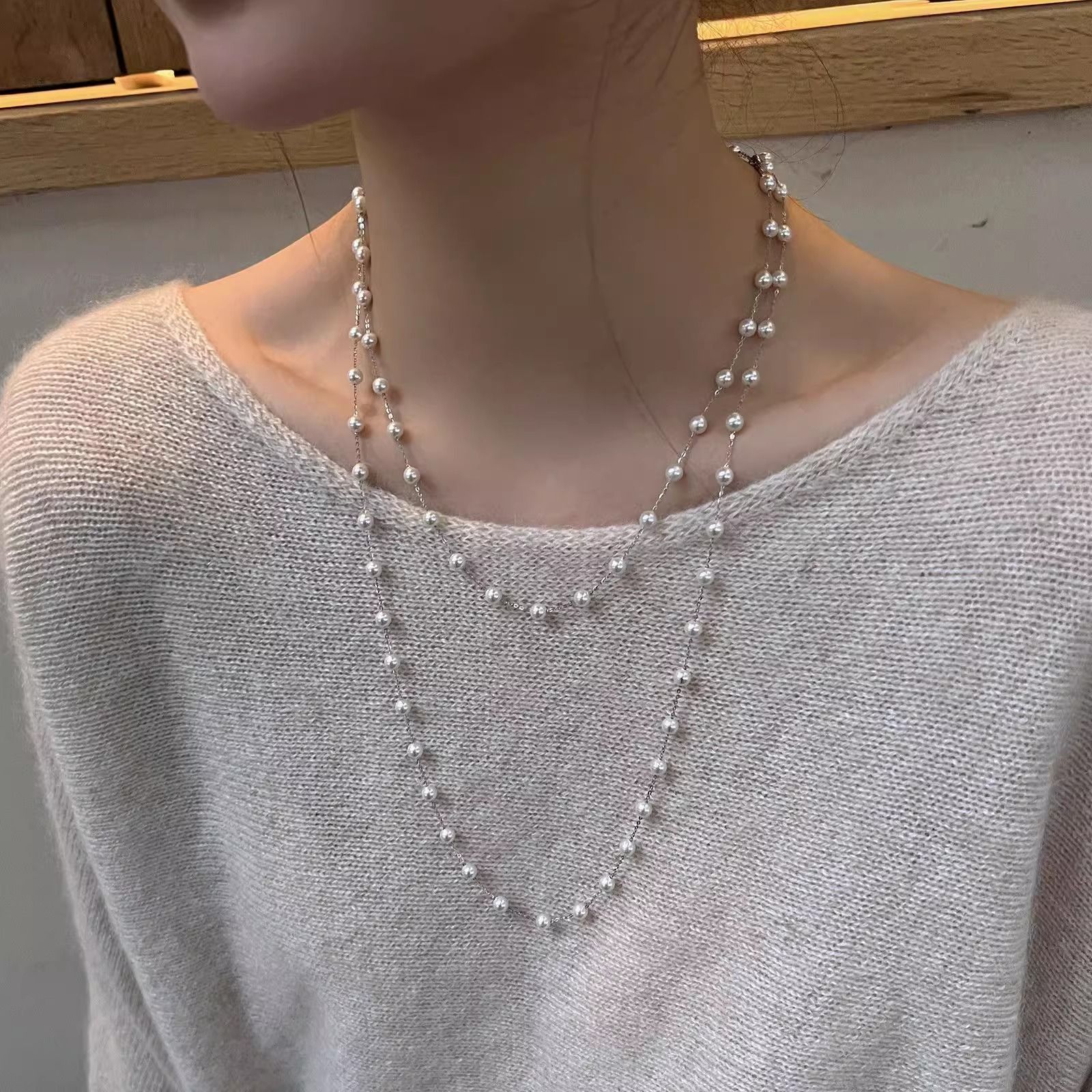 French Style Layered Pearl Necklace for Women Stackable Chain Design Elegant Jewelry Perfect for Sweater and Daily Wear