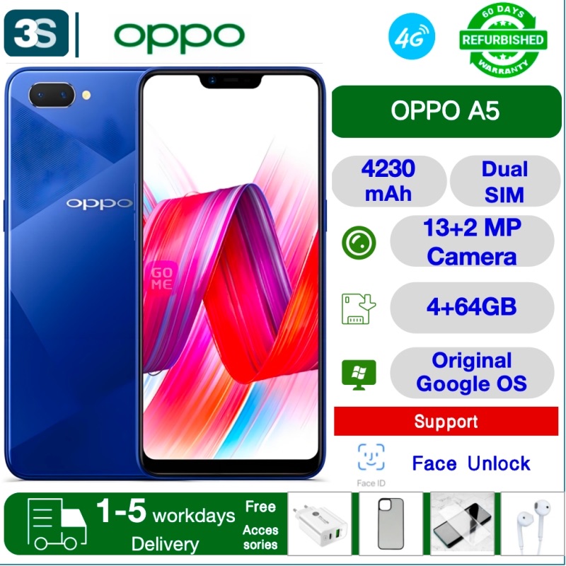 Refurbished OPPO A5 4G 6.2'' Dual SIM  4+64GB 4230mAh Battery Back Camera 13+2MP Front Camera 8MP Snapdragon 435 Fack Unlock with Original Screen Pink,4GB+64GB