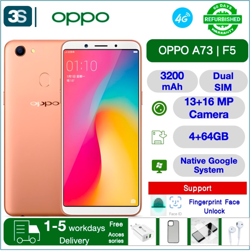 Refurbished OPPO A73 & F5 4G Dual SIM 6.0'' FHD+Full Screen 4GB+ 64GB Fingerprint & Fack Unlock 3200mAh Battery Front Camera 16MP Back Camera 13MP Helio P23 Random Color,4GB+64GB