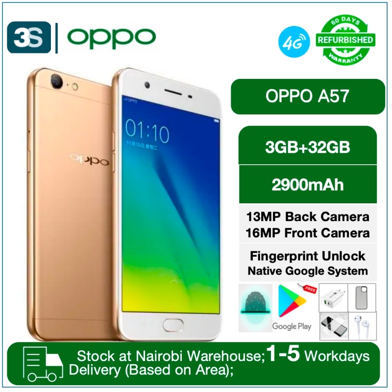 Refurbished OPPO A57 Fingerprint 3+32GB Dual SIM Fingerprint Expandable Storage Google System 2900mAh 13MP Rear Camera 16MP Front Camera