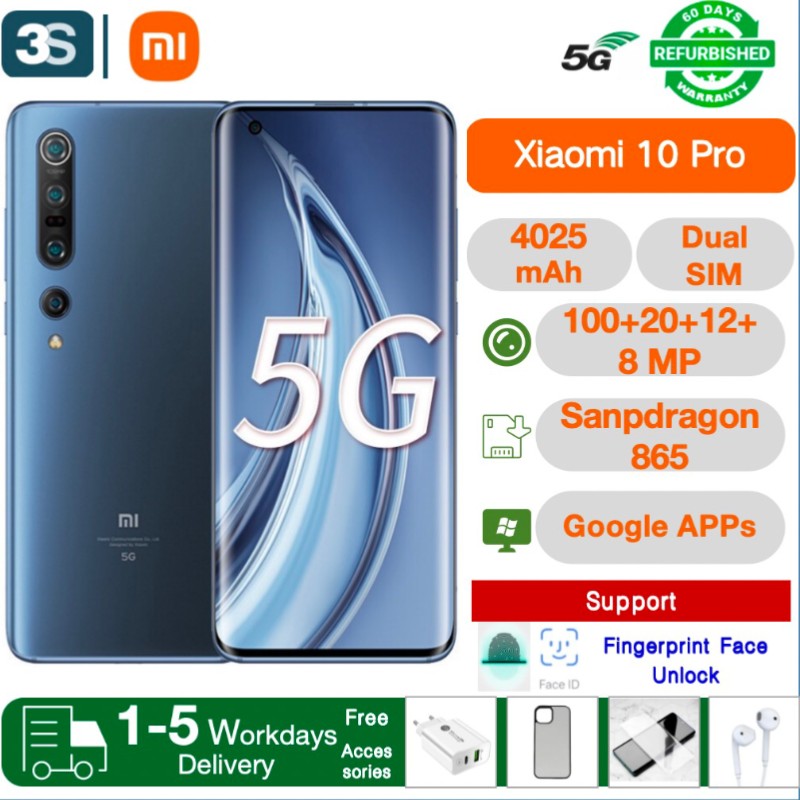 Refurbished Phone Xiaomi 10 Pro(Mi 10 Pro) 5G 6.67'' Dual SIM AMOLED 90Hz Refesh Rate Screen 8+256GB 4500 mAh Back Camera100+20+12+8MP Snapdragon 865