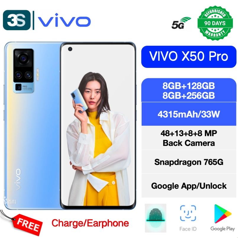 Refurbished VIVO X50 Pro 5G 6.56'' 128GB/256GB AMOLED 90Hz 4315mAh 33W Snapdragon 765G Gimbal Camera System Back Camera 48+13+8+8 MP Front Camera 32MP