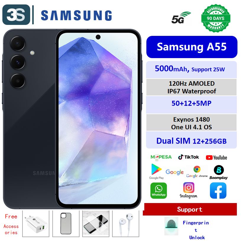 Refurbished Phone Samsung A55 5G 12+256GB Dual SIM 6.6'' 120Hz Super AMOLED IP67 Waterproof 5000mAh 50+12+5MP Back Camera 32MP Front Camera