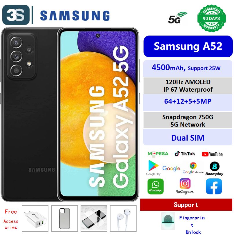 Refurbished Phone SAMSUNG A52 5G Dual SIM IP67 6.5'' 120Hz Super AMOLED 4500mAh 64MP+32MP Camera Fingerprint Unlock Snapdragon 750G
