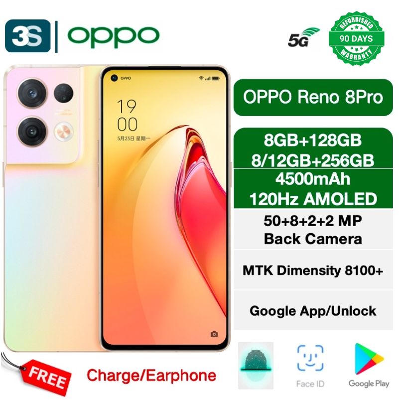 Refurbished Phone OPPO Reno 8 Pro 5G 6.62'' 128/256GB Dual SIM 120Hz AMOLED Screen 4500mAh 80W Charge 50+ 8+2MP(Main Camera) 32MP Front Camera MTK 8100
