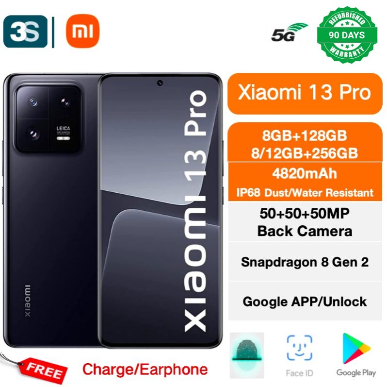 Refurbished Phone Xiaomi 13 Pro(Mi 13 Pro) 5G Dual SIM 6.73'' 8/12GB+256GB 120Hz AMOLED Curved Screen 50MP+50MP+50MP Main Camera 32MP Selfie Camera IP68 Dust/Water Resistant 4820mAh 120W Wired Charger
