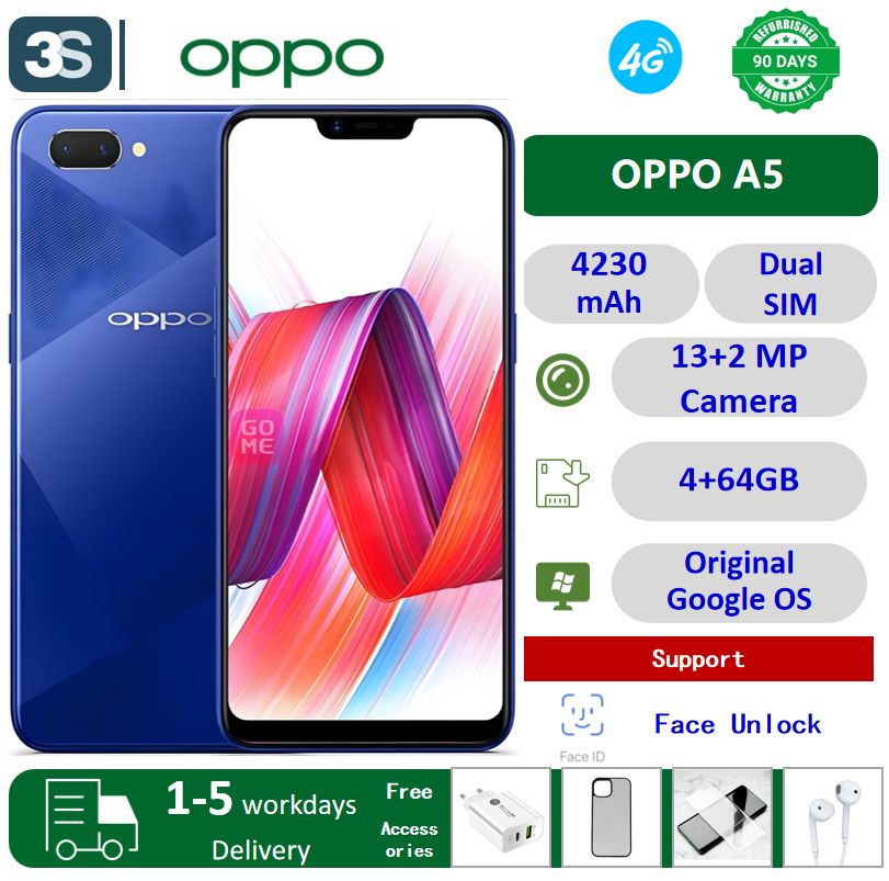 Refurbished Phone OPPO A5 4G 6.2'' Dual SIM( it can't support Safaricom SIM )  4+64GB 4230mAh Battery Back Camera 13+2MP Front Camera 8MP Snapdragon 435 Fack Unlock with Original Screen