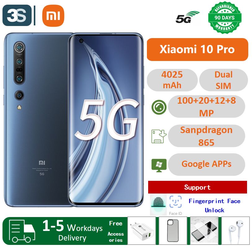 Refurbished Phone Xiaomi 10 Pro(Mi 10 Pro) 5G 6.67'' Dual SIM AMOLED 90Hz Refesh Rate Screen 8+256GB 4500 mAh Back Camera100+20+12+8MP Snapdragon 865