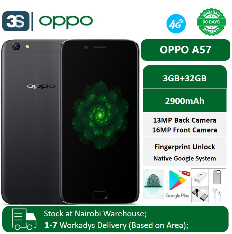 Refurbished OPPO A57 Black Color Fingerprint 3+32GB Dual SIM Fingerprint Expandable Storage Google System 2900mAh 13MP Rear Camera 16MP Front Camera