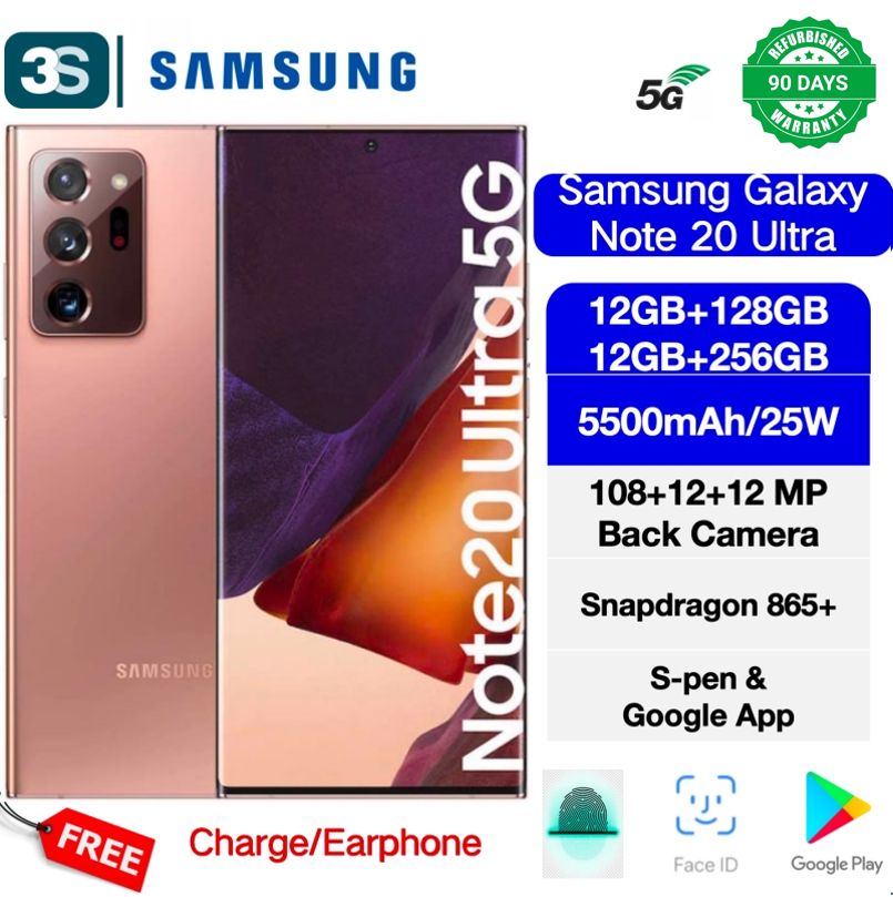 Refurbished Samsung note 20 ultra 5G 6.9'' 12+128/256GB 120Hz Refresh Amoled Screen 4500 mAh Battery 108+12+12MP Back Camera  Qualcomm 865 Plus