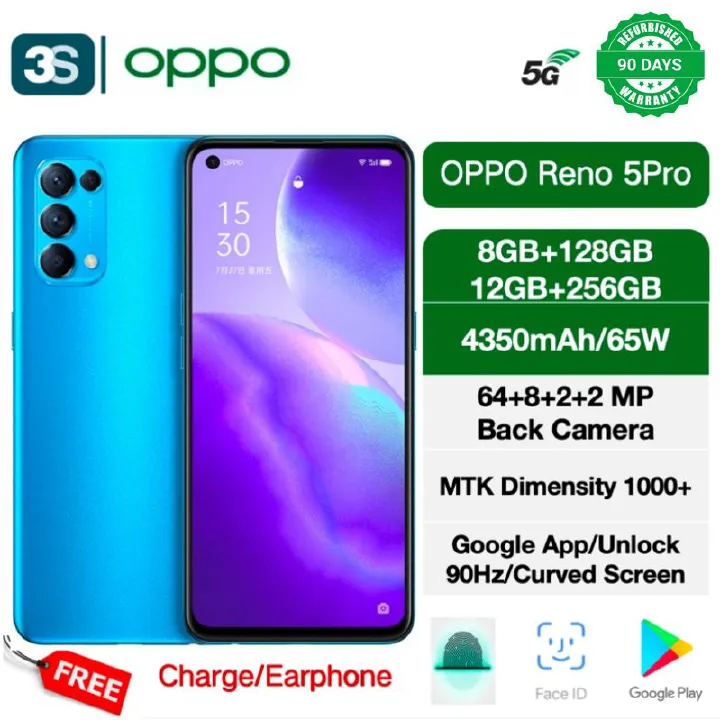 Refurbished OPPO Reno 5 Pro(Reno 5pro) 5G 6.55'' Dual SIM 128GB/256GB OLED Curved 90Hz Refresh Rate Screen Fingerprint Unlock MTK 1000+ 4350mAh  Back Camera 64+8+2+2MP Front Camera  32MP