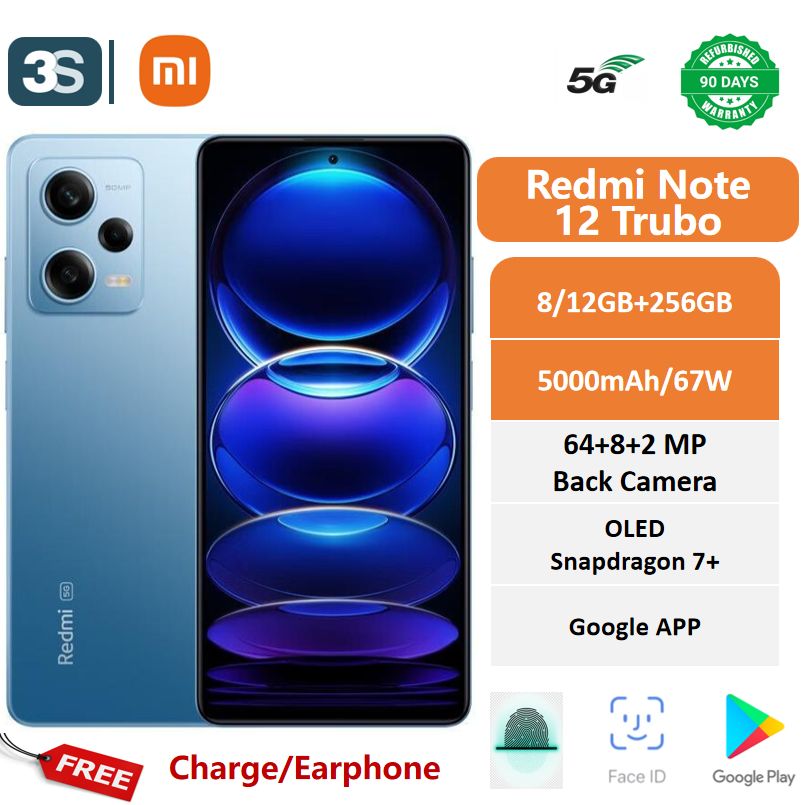 Refurbished Phones Redmi Note 12 Turbo 5G  6.67"  OLED  120Hz Dual SIM MIUI 14  Qualcomm Snapdragon 7+ Gen2   Front Camera 16MP Rear Camera 64MP+8MP+2MP