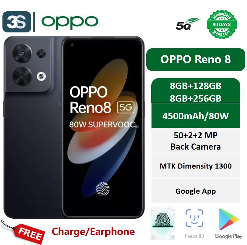 Refurbished OPPO Reno 8 Smart phone 5G 6.43''8+128/256GB Dual SIM 90Hz Full HD Display 4500 mAh Batte 80W Charge 50MP + 8MP + 2MP(Main Camera) | 32MP Front Camera r MTK 1300