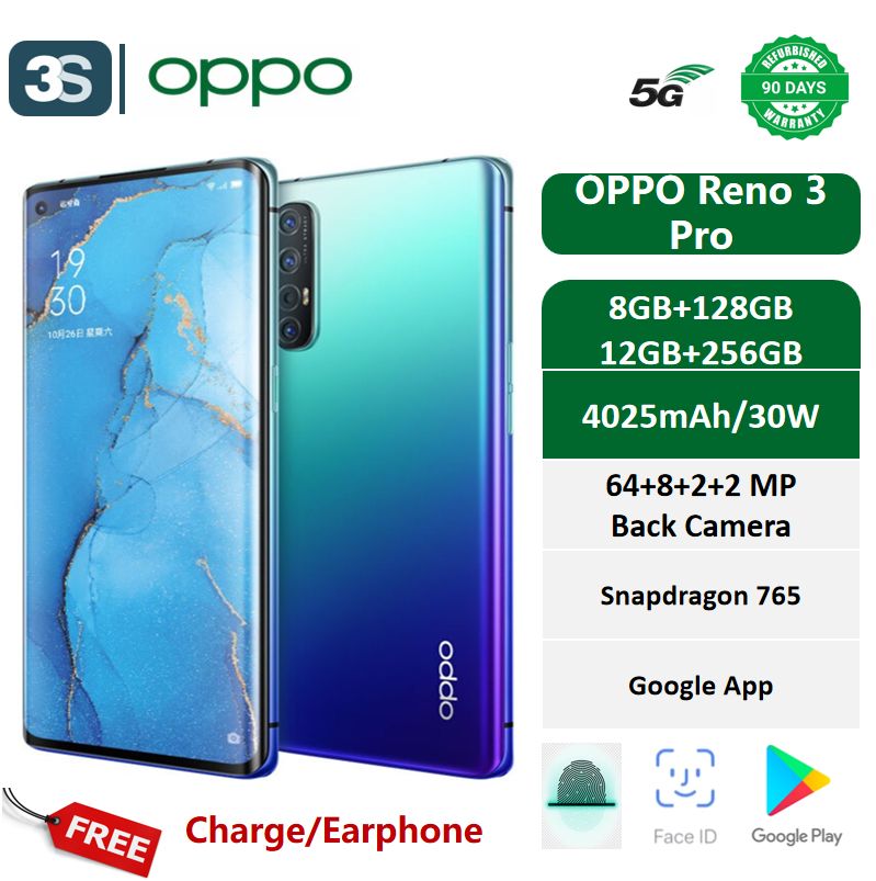 Refurbished OPPO Reno3 Pro (Reno 3 Pro Original Screen, Support Fingerprint ) 5G Dual SIM 8+128GB 6.5'' AMOLED 90Hz Screen 4025mAh Snapdragon 765 Back Camera 48MP+13MP+8MP+2MP Front Camera 32MP Ah 30W