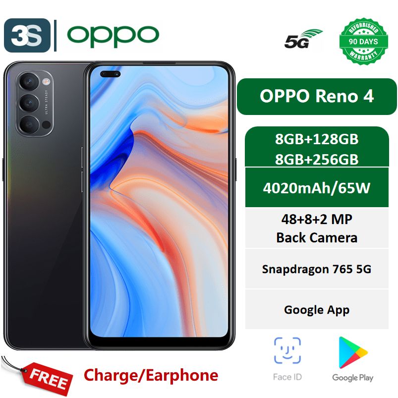 Refurbished OPPO Reno 4（Non-Original Screen） 5G Dual SIM 6.4’‘  Snapdragon 765G 4020mAh with 65W Fast Charge Face Unlock 48+8+2MP Back Camera and 32+2MP Front Camera