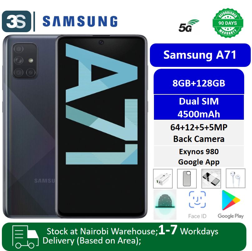 Refurbished Samsung A71 5G Dual SIM (Original Screen Support) Fingerprit Super AMOLED with Fingerprint 6.7 inches 4500mAh 25W Fast Charge Exynos 980 Back Camera 64MP+12MP+5MP+5MP Front Camera 32MP