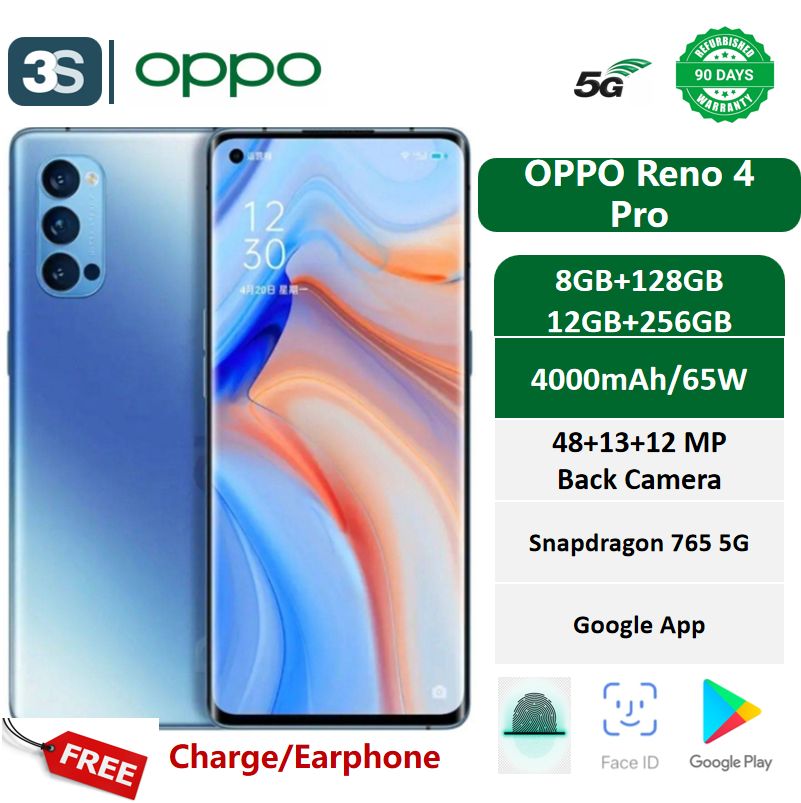 Refurbished Phones OPPO Reno 4 Pro 5G 6.5‘’ Dual SIM Curved Screen 8+128GB/12+256GB AMOLED 90Hz 4000mAh 48+12+13MP Rear Camera 32MP Front Camera Snapdragon 765G