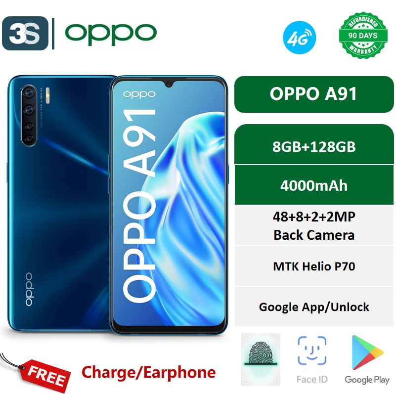 Refurbished OPPO A91 Dual SIM 6.4 inches AMOLED 8GB+128GB Back Camera 48MP+8MP+2MP+2MP Front Camera 16MP Battery 4000mAh