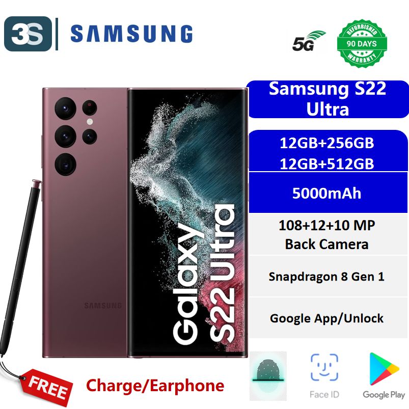 Refurbished Samsung S22 Ultra 5G Dual SIM 6.8 inches AMOLED 120Hz SDM 8 Gen 1 Back Camera 108MP+10MP+12MP Front Camera 40MP 5000mAh 45W
