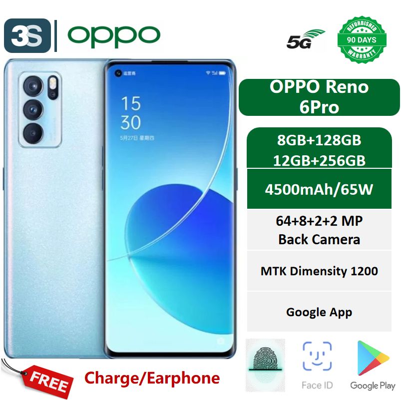 Refurbished OPPO Reno 6 Pro 5G Dual SIM AMOLED 6.55 inches 90Hz MTK Dimensity Back Camera 1200 64MP+8MP+2MP+2MP Front Camera 32MP 4500mAh 65W
