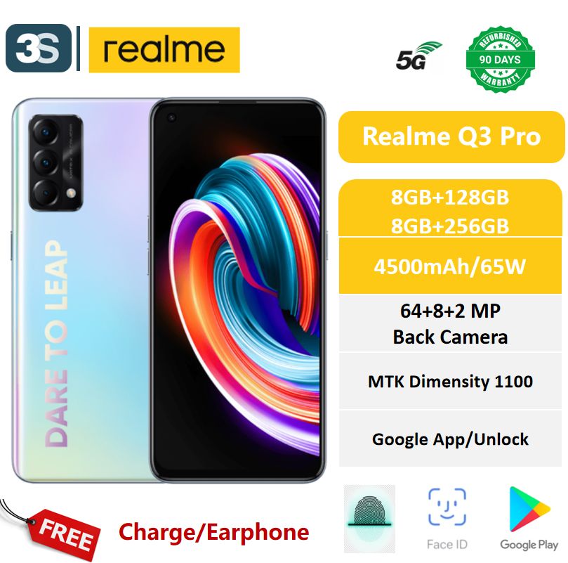 Refurbished Realme Q3 Pro 5G Dual SIM 8+128GB/256GB 6.43 inches Super AMOLED 120Hz Display Back Camera 64MP+8MP+2MP Front Camera 16MP 4500mAh 30W
