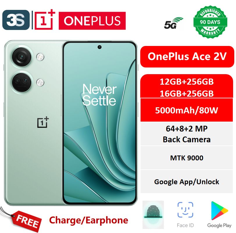 Refurbished OnePlus Ace 2V 12/16GB+256/512GB Dual SIM AMOLED 6.74 inches 120Hz Screen MTK Dimensity 9000 Back Camera 64+8+2MP Front Camera 16MP 5000mAh 80W