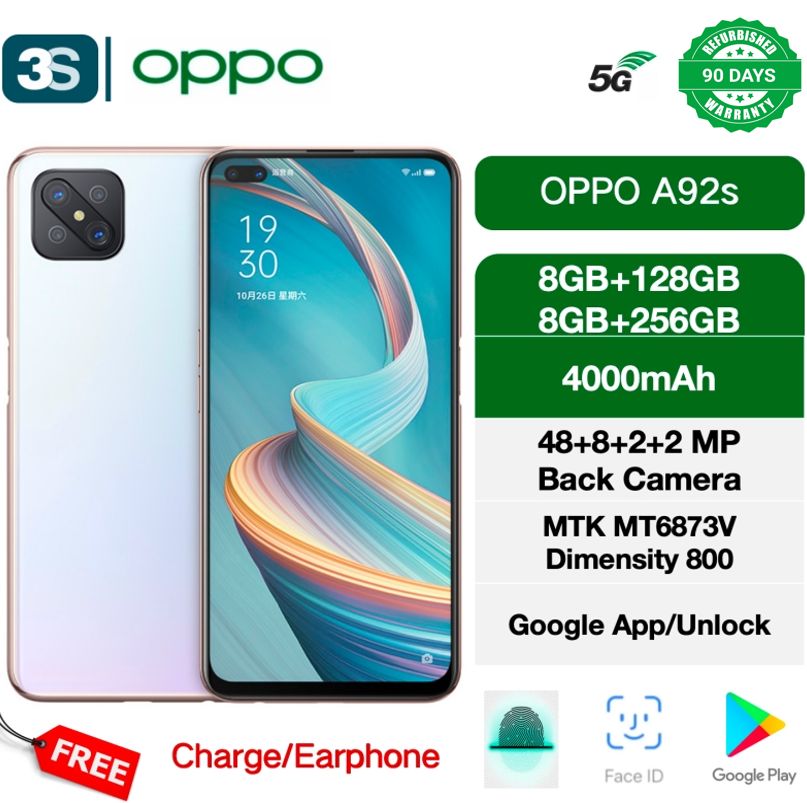Refurbished Oppo A92s 5G Dual SIM 6.57 inches IPS LCD 120Hz MTK Dimensity 800back Camera 48MP+8MP+2MP+2MP Front Camera 16MP+2MP 8+128/256GB Battery 4000mAh 18W