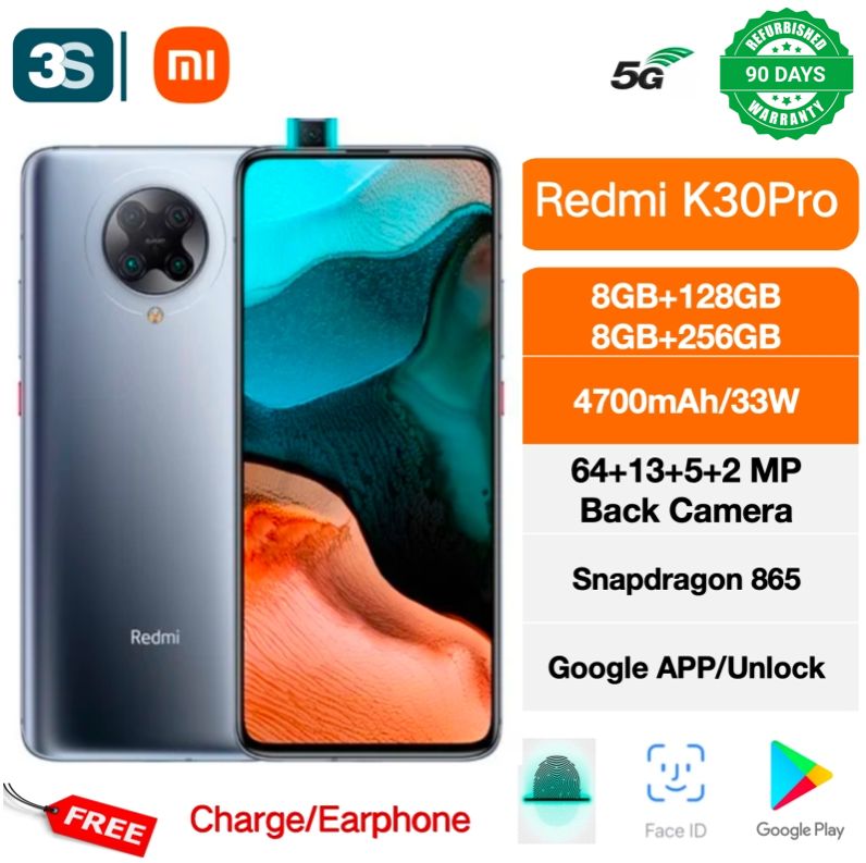 Refurbished Xiaomi Redmi K30Pro 5G Dual SIM SDM 865 8+128/256 6.67 inches Super AMOLED 64MP+13MP+5MP+2MP Front Camera 20MP 4700 Mac Battery 30W