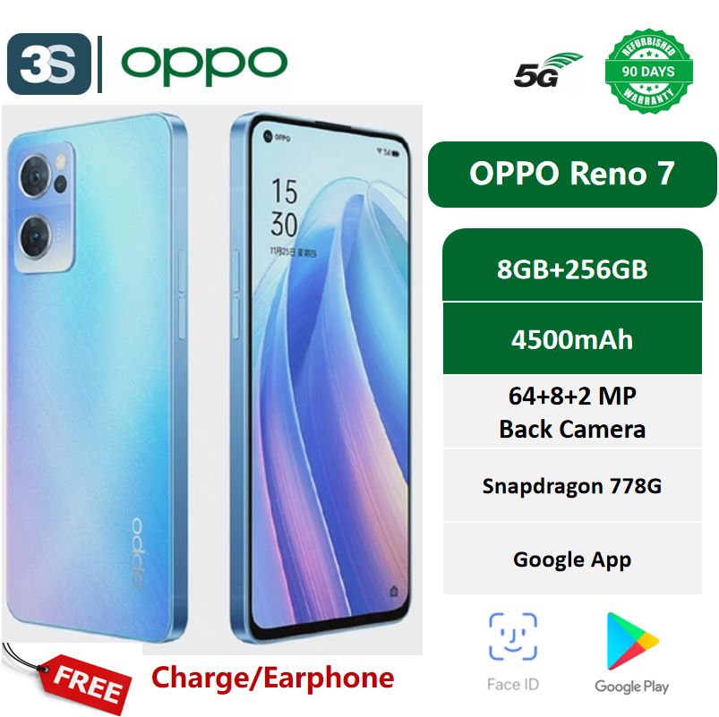 Refurbished Phones OPPO Reno 7 5G 6.43'' 8GB+256GB Non Original（No fingerprint） Screen LCD Dual SIM Display 4500mAh Support 60W Fast Charge 64+8+2MP Back Camera 32MP Front Camera Snapdragon 778G
