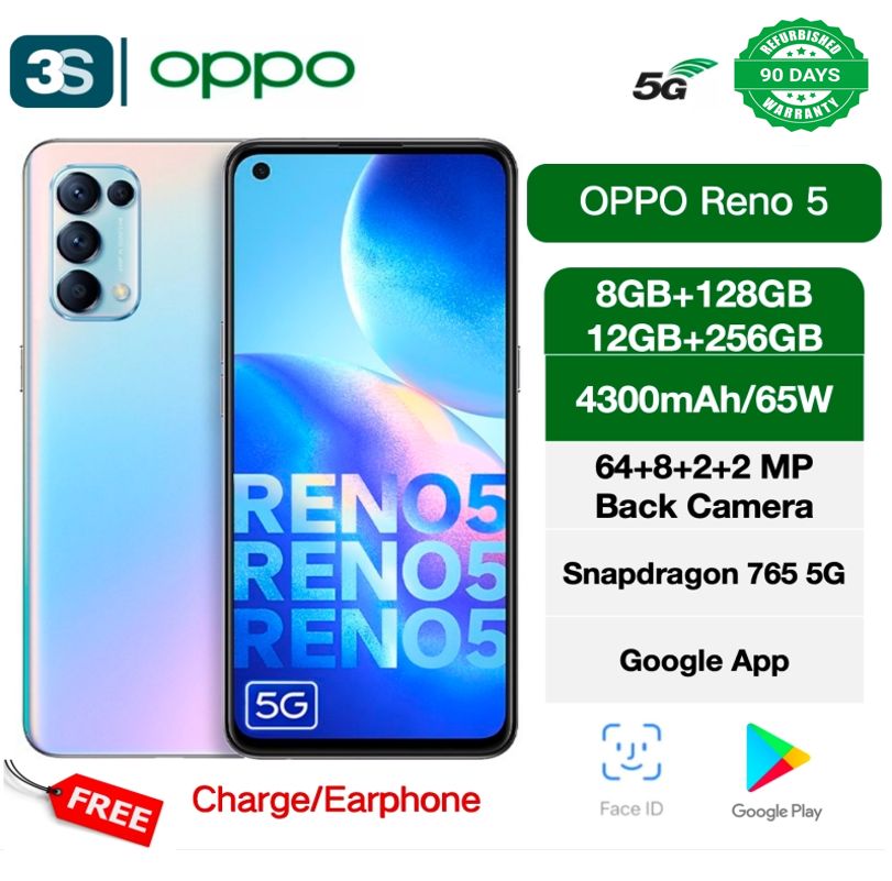 Refurbished Phones OPPO Reno 5 (Non-Original Screen) 5G 6.43‘’ Dual SIM 8GB+128/256GB LCD 4300mAh  Face Unlock AI 64MP Rear +32 Front MP Camera Snapdragon 765G ColorOS 11.1